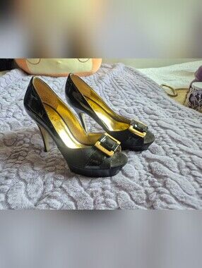 Guess Black And Gold Buckle Monogram Platform Heels
